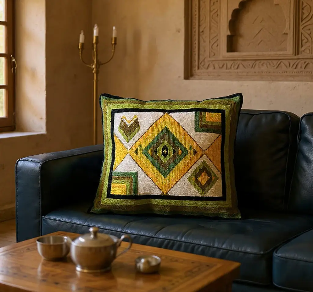 Coussin d’exception “Souvenir” – Broderie au point de croix en soie Sabra sur toile structurée “Kiriya