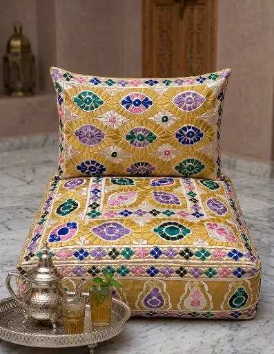 [Dar Maalma 11] Pouf impérial “Rabat” – Broderies raffinées en coton et accents de soie fine