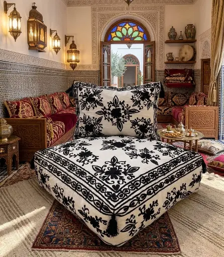 [Dar Maalma 12] Le duo salon “Médaillon mauresque” – Pouf rectangulaire brodé à la main & grand coussin assorti