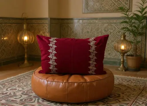 [Dar Maalma 27] Coussin “Qitane Impérial” – Création en velours royal Mobra et fils tressés artisanaux