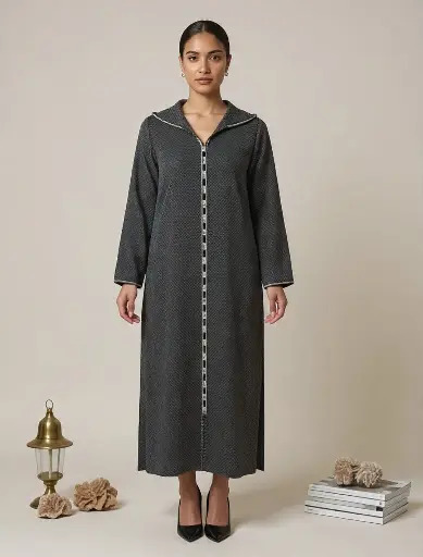 [Dar Maalma 36] Djellaba royale en satin de soie – Création à capuche faite main avec détails en nœuds “Aakad