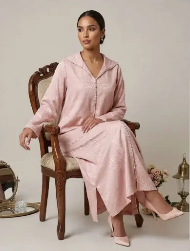 [Dar Maalma 40] Djellaba “Luminaire” – Tissu d’héritage précieux et détails perlés “Tnbat” artisanaux