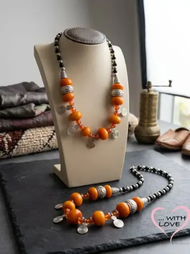 [Dar Maalma 42] The Kahina Heritage Necklace – Antique-Finished Amazigh Statement Piece with Selected Mineral Stones & Faux-Amber